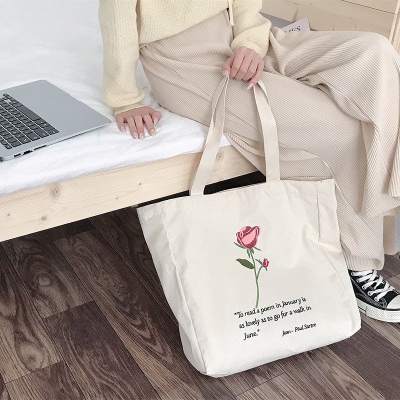 Litterær Fan Rose Broderet Casual Lærredstaske