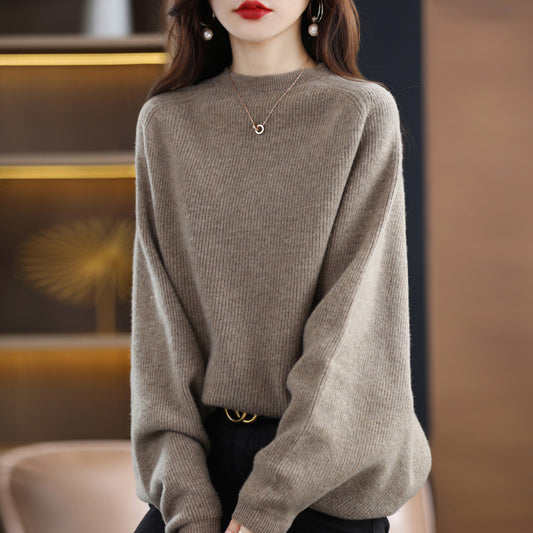 Solid Color Wool Sweater Women's All-match Round Neck Raglan Shawl Pullover
