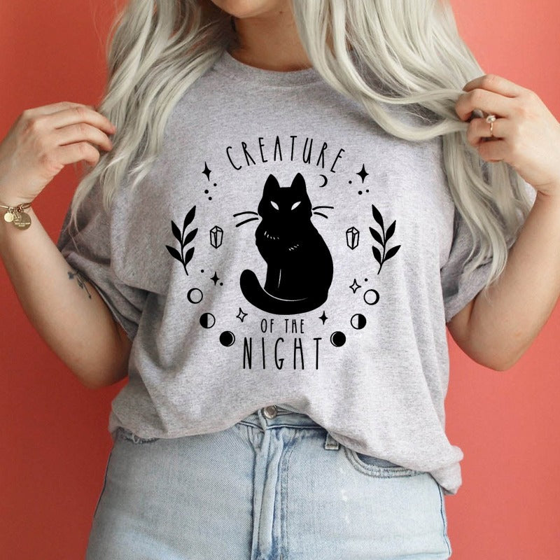 Women's Black Cat Alphabet Print T-Shirt