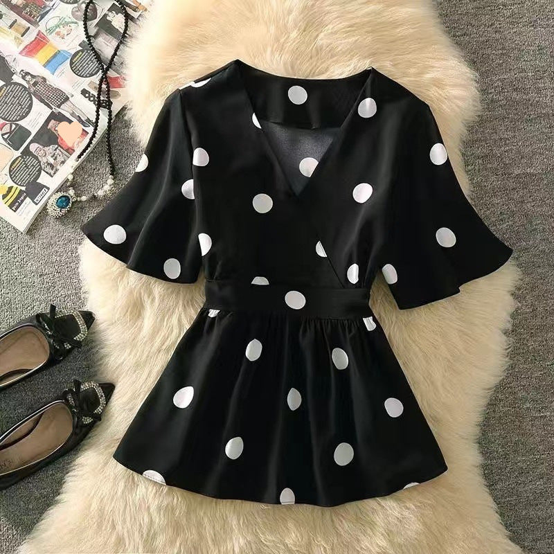 Women's Casual Polka Dot Graceful Collar Lace-up Waist Trimming Shirt