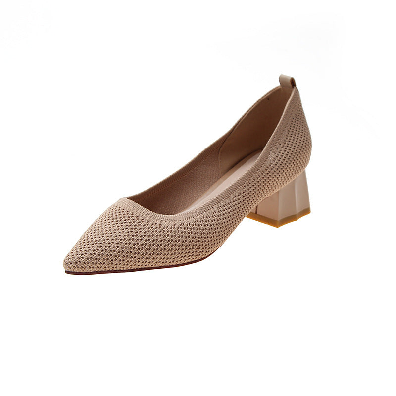 Women's Thick Heel Shoes With Pointed Toe Net Red Trend
