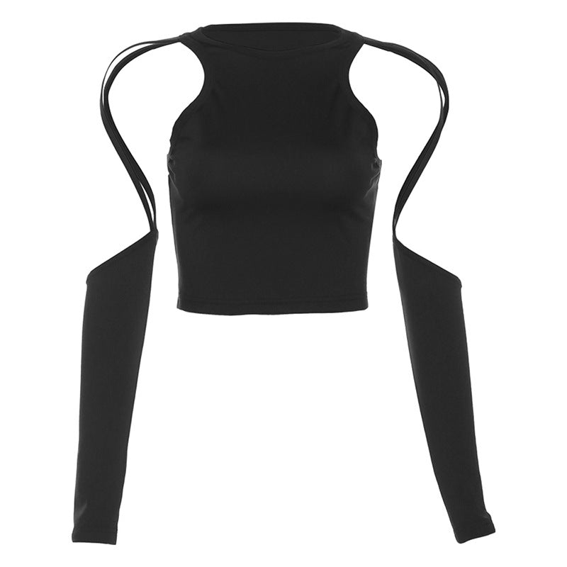 Fashion Women's Wear Long Sleeve Round Neck Hollow-out Navel T-shirt