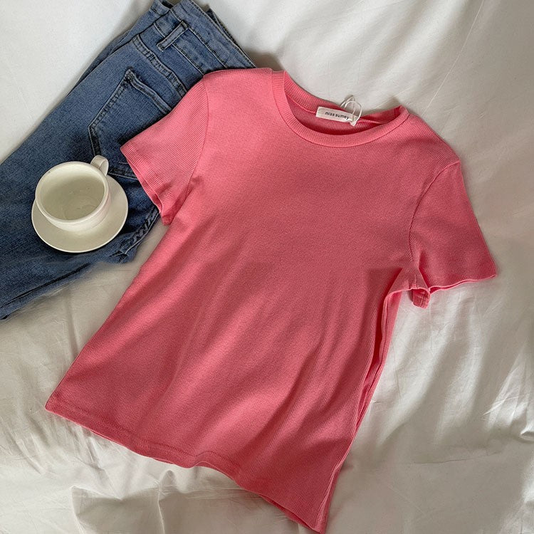 Ensfarvet kortærmet T-shirt til kvinder, slim-fit crop-top