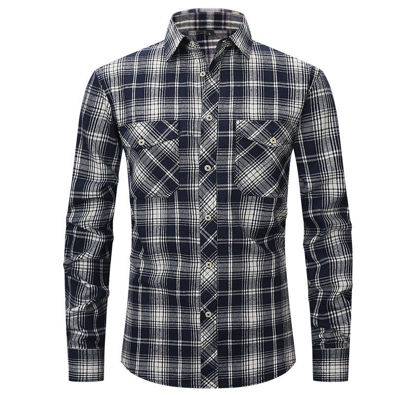 Men's Long Sleeve Double Pocket Flannel Shirt With Brushed Plaid
