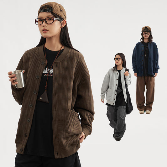 Waffle Cardiganfrakke Design Løs Fritids All-match Par Sweater