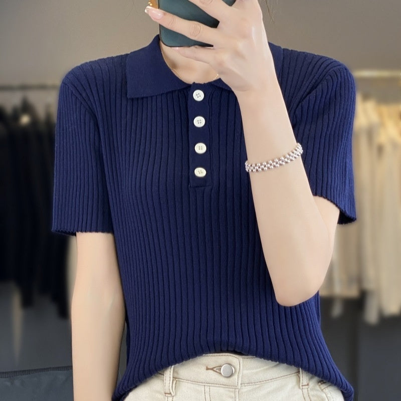 Navy Blue Hollow Striped Short Sleeve
