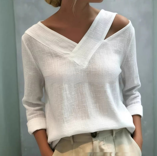 Elegant Off-shoulder V-hals Ensfarvet Langærmet Top