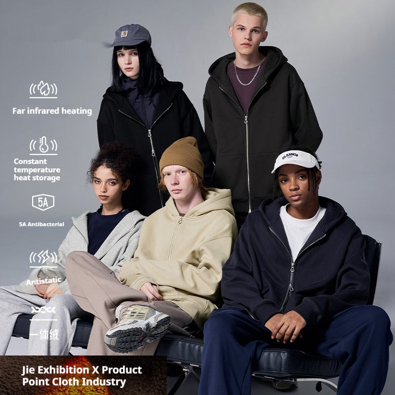 Flame Single-layer Fleece-lined Hooded Jacket Solid Color Double-headed Zipper Jacket