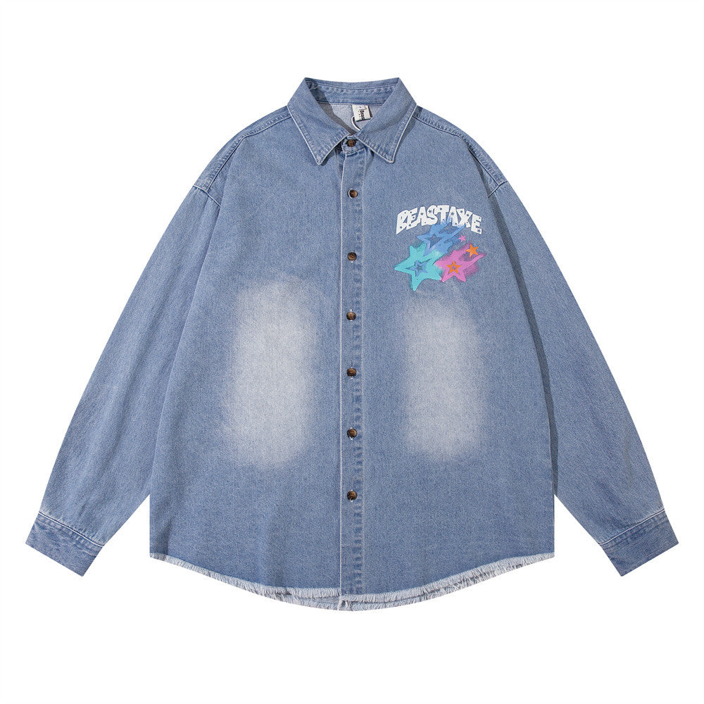 Design Five-pointed Star Graffiti Printing Denim Shirt