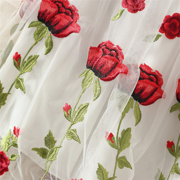 Embroidered Floral Pleated Mesh Skirt Mid Length