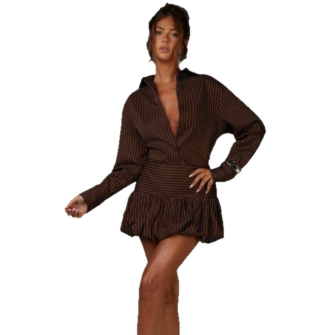 Autumn Sweet Striped Shirt Collar Dress Long Sleeve Waist-cinching Two-piece Set