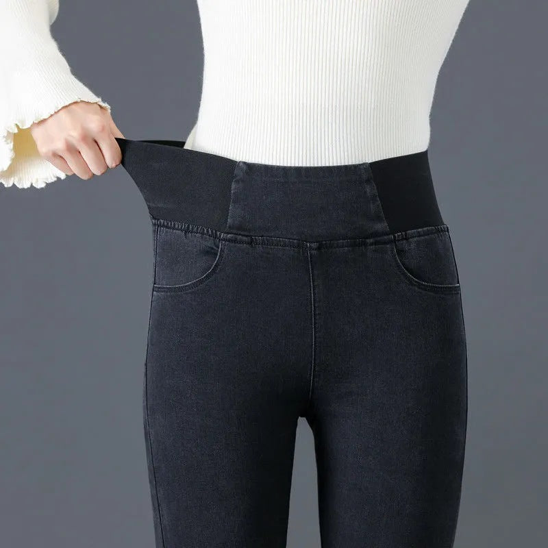 Womens High-waisted Skinny Jeans With A Stretchy Elastic Waist And Cozy Fleece Lining