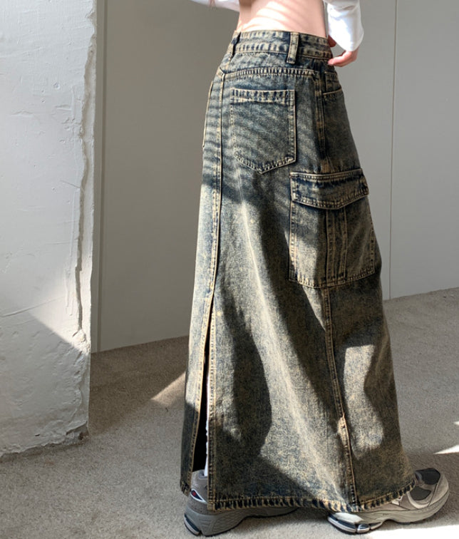 Large Pocket Design High Waist Mid-length Hip Skirt Heavy Industry Cement Yellow Do The Old Cowboy Skirt