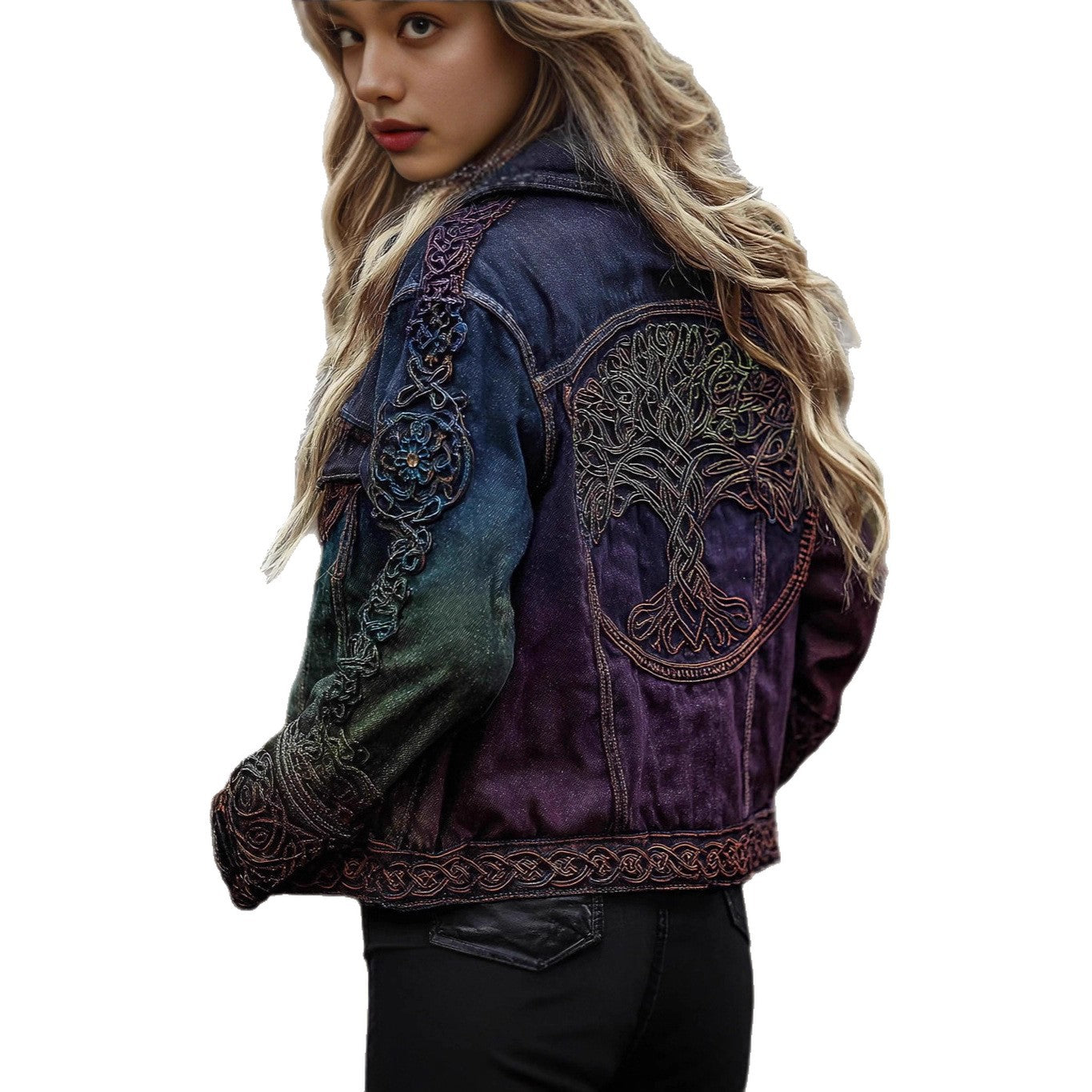 Women's Vintage Patchwork Print Turned Hem Denim Jacket