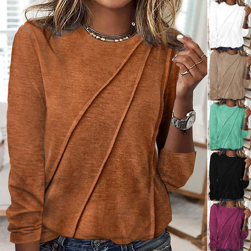 Solid Color Long Sleeve Pullover T-shirt Round Neck Top Women's Clothing