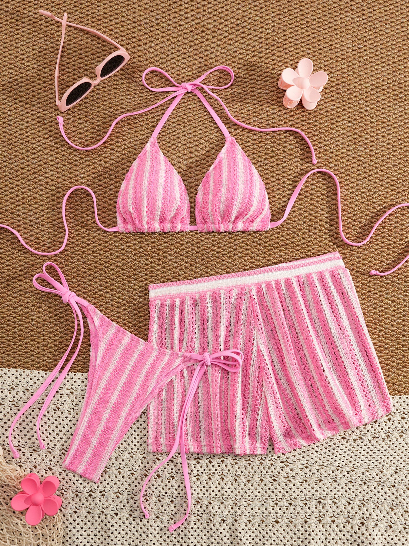 Womens Sexy Woven Bohemian Bikini Three-Piece Set