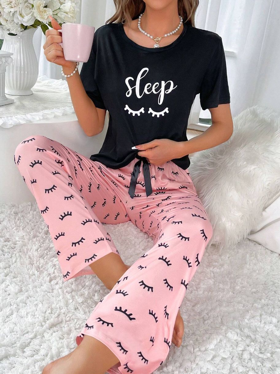 Home Round Neck Printed Short Sleeve T-shirt Top And Trousers Suit