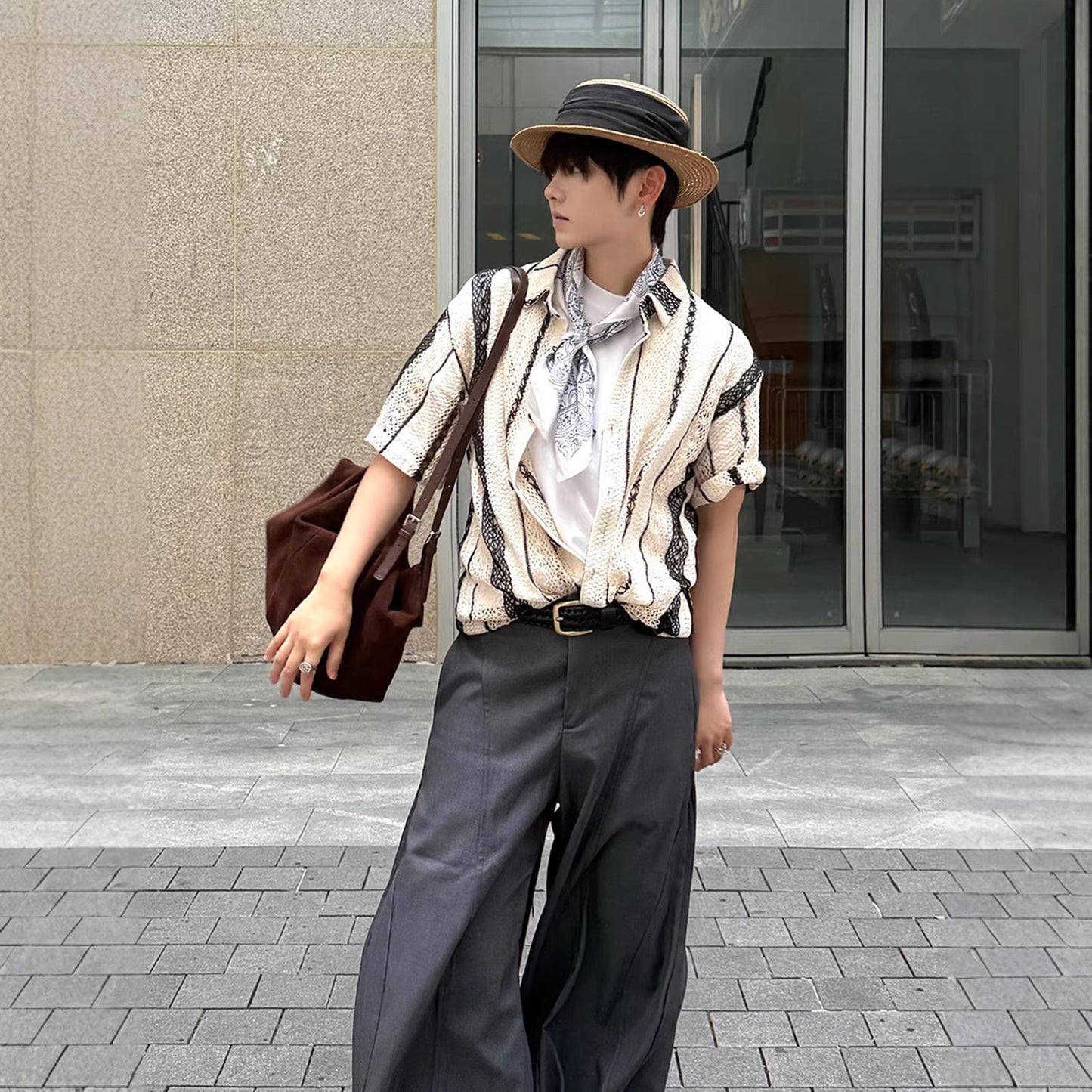 Striped Contrasting Color Hollow-Out Knitted Short-Sleeve Shirt