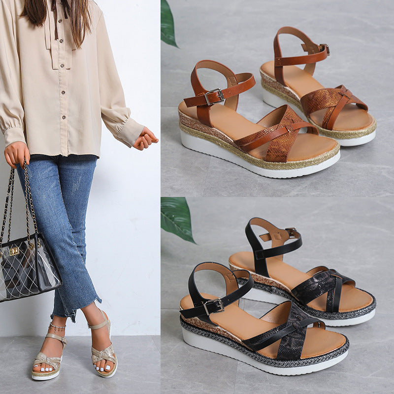 Women's Plus Size Buckle Wedge Platform High Heel Sandals