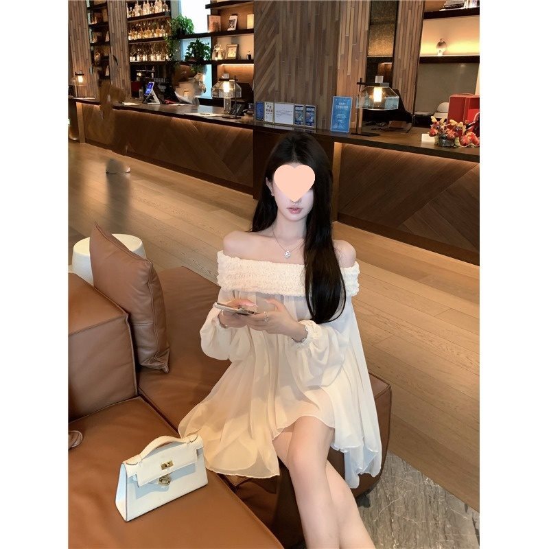 Off-shoulder Langærmet Chiffonskjorte Løs Mellemlang Tynd Top