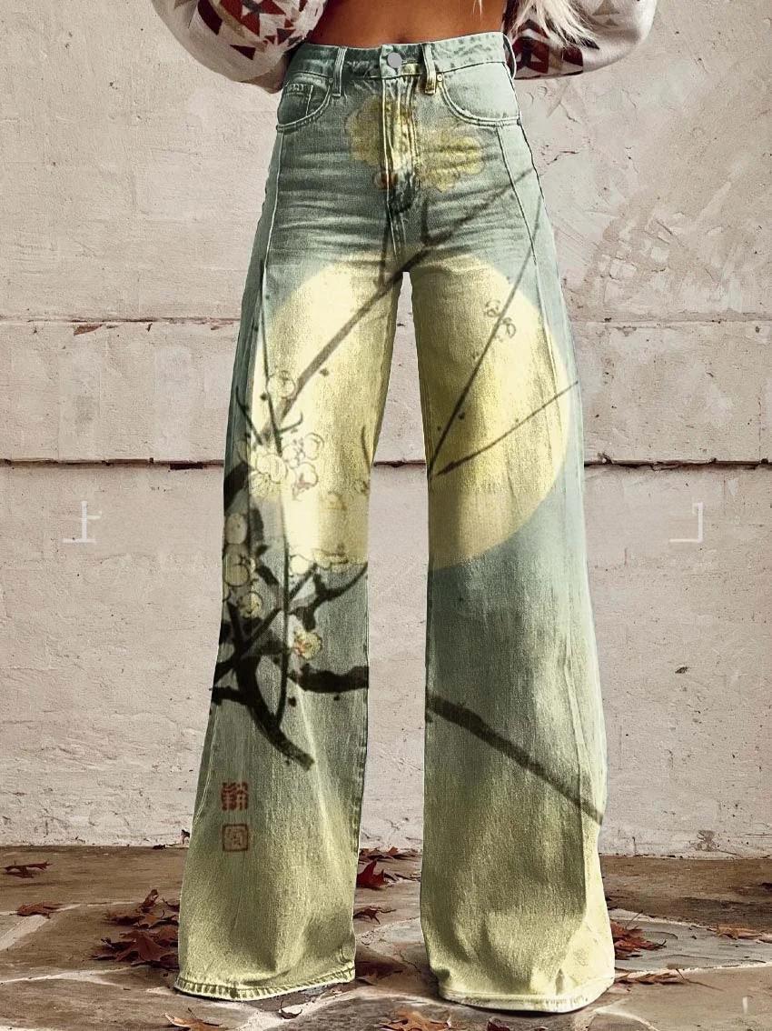 printed Retro Sunflower Guitar Art-style Womens Wide-leg Flared Denim Jeans 3D