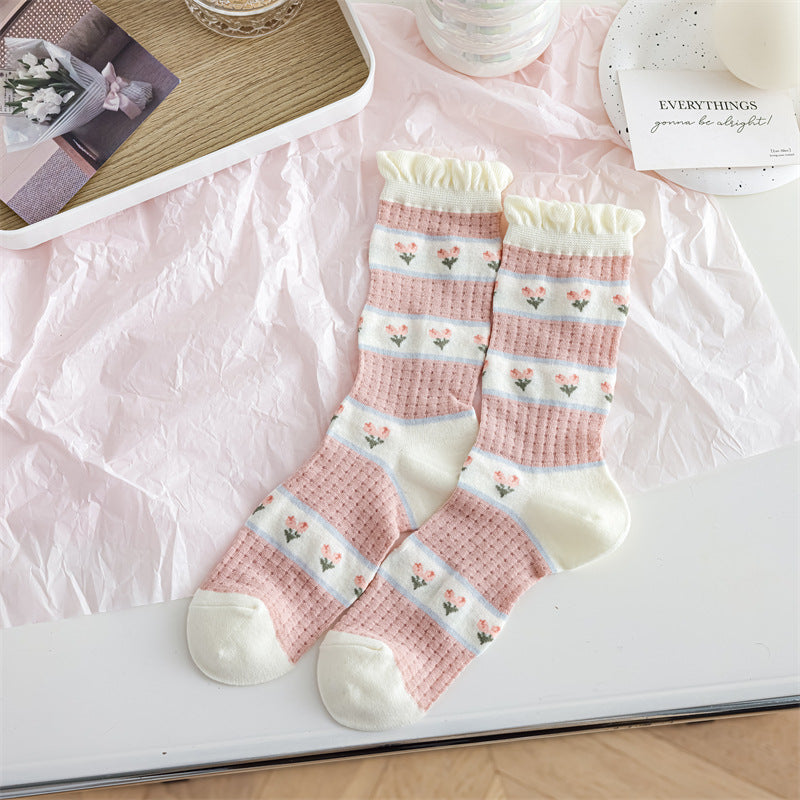 Pink Blue Tulip Glass Silk Pile Socks For Ladies