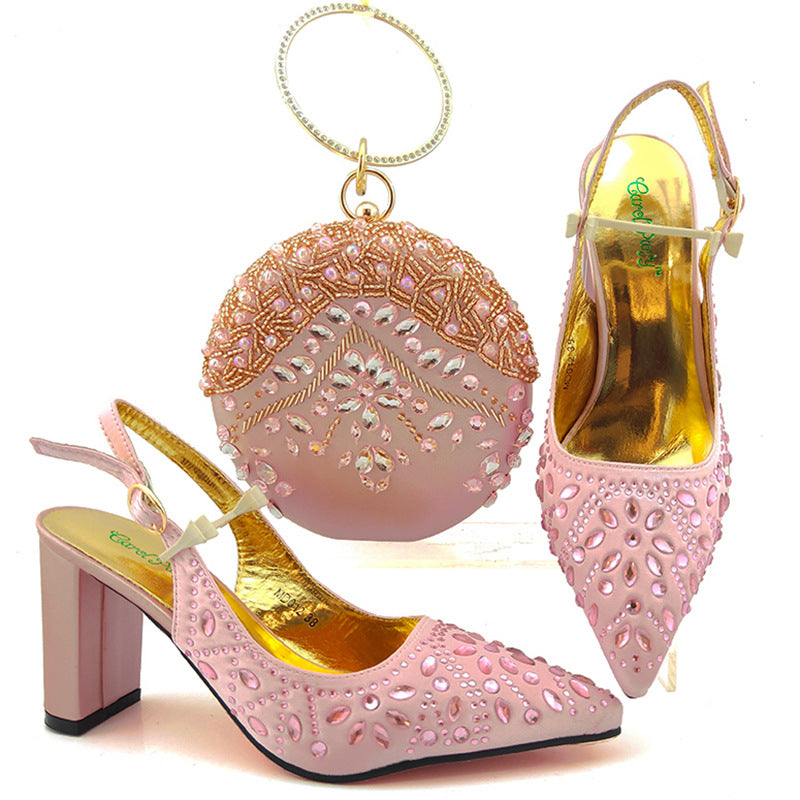 Round Clutch Bag With Pointed Buckle High Heels