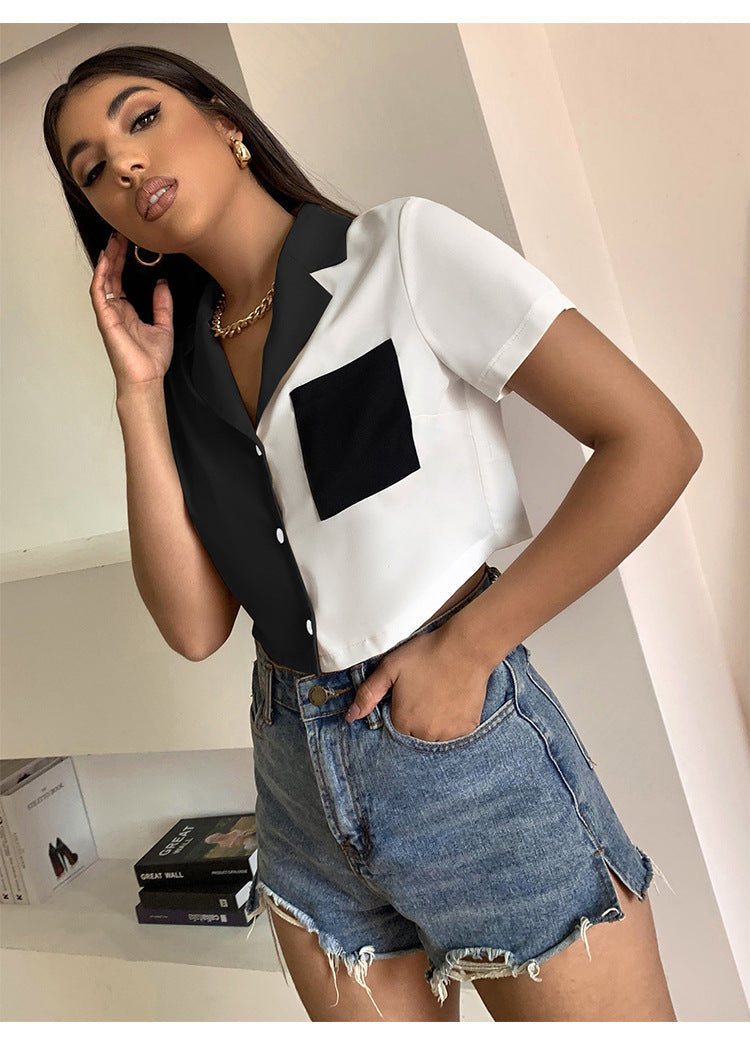Contrast Paneled Crop Top Pocket Single Breasted Short Sleeve Shirt