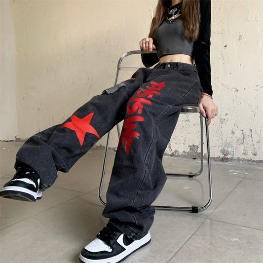 Vintage Stars Print Ripped Straight Wide Leg Jeans