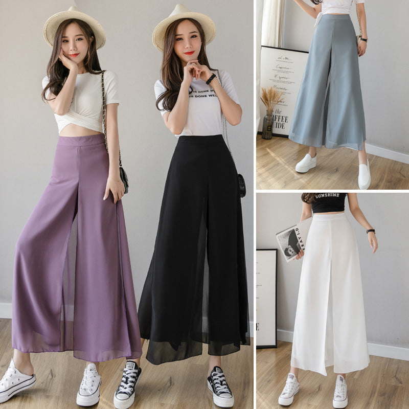 High Waist Slim Fashionable Ice Chiffon Broad Leg Pants Female