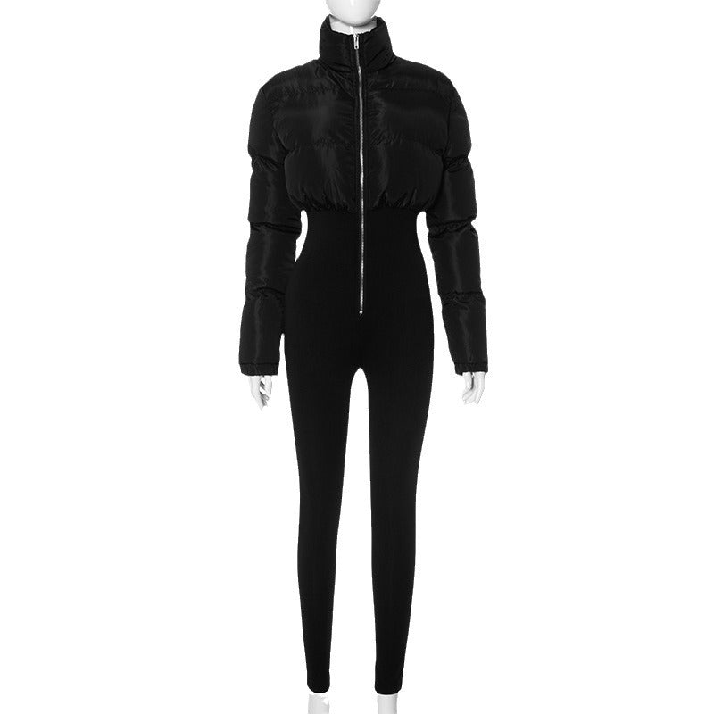 Fashion Stretch Pure Color Tight Zipper Thermal Cotton Suit One-piece Trousers