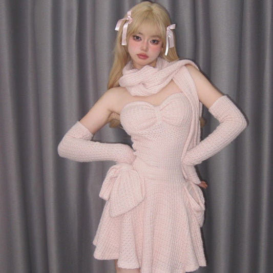 Corn Knit Strapless Dress With Breast Pad