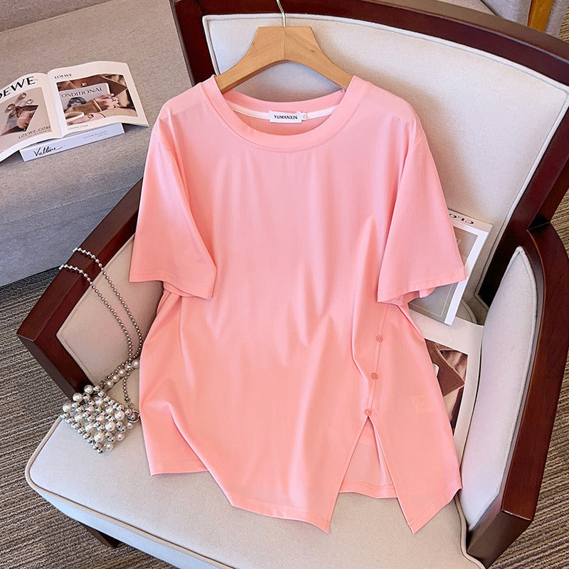 Round Neck New Plus-sized Plus Size Slimming Loose Mid-length Short Sleeve