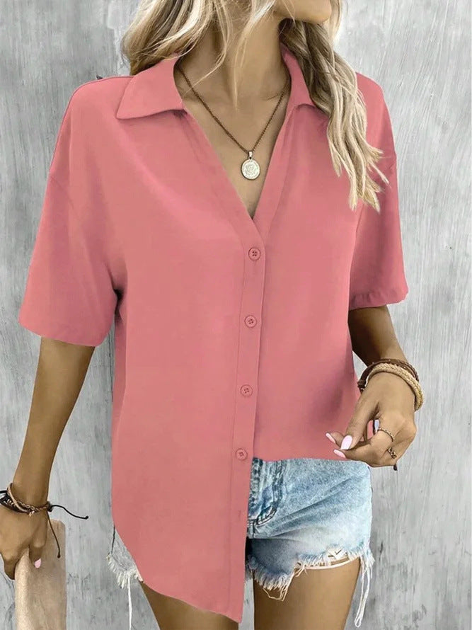 Temperament Pure Color V-neck Shirt Women's Top Short Sleeve