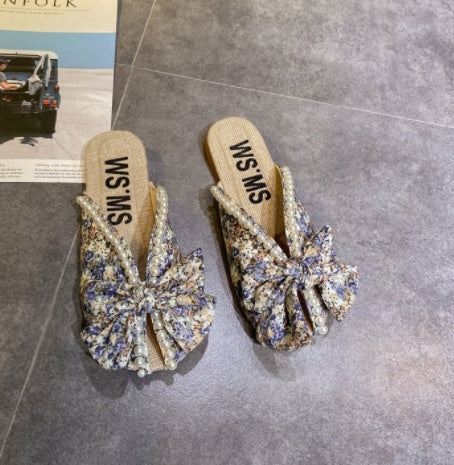 Baotou Bow Flat Slippers Women's Floral Beaded Sandals