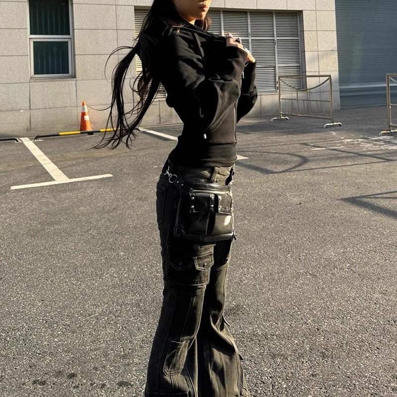 American Retro Multi-pocket Low-waist Slightly Flared Pants