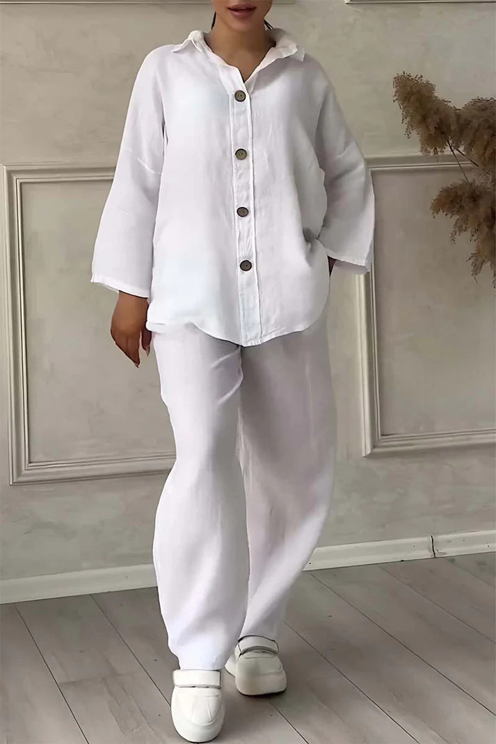 Cotton And Linen Shirt Outfit High Waist Loose Trousers