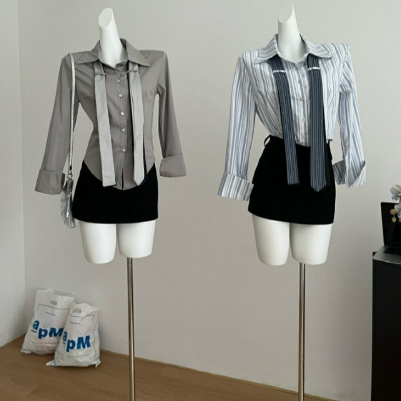 Preppy Style Double Tie Bell Sleeve Lapel Shirt