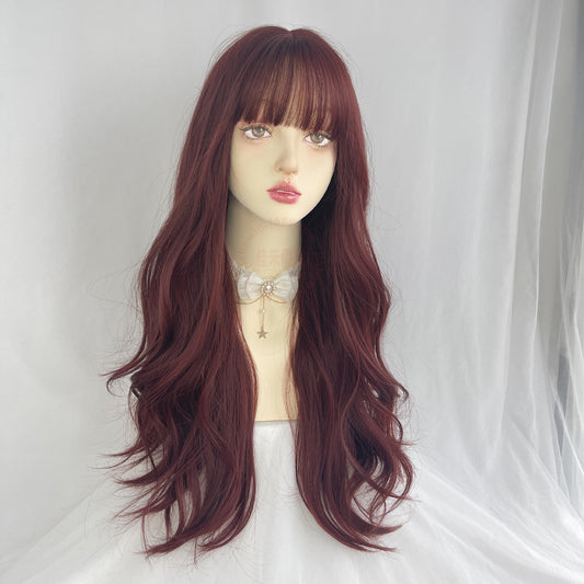 Waves Roll Korean Style Air Bangs Full-head Wig Wine Red Color Long Curly Hair Fluffy Whole Wig