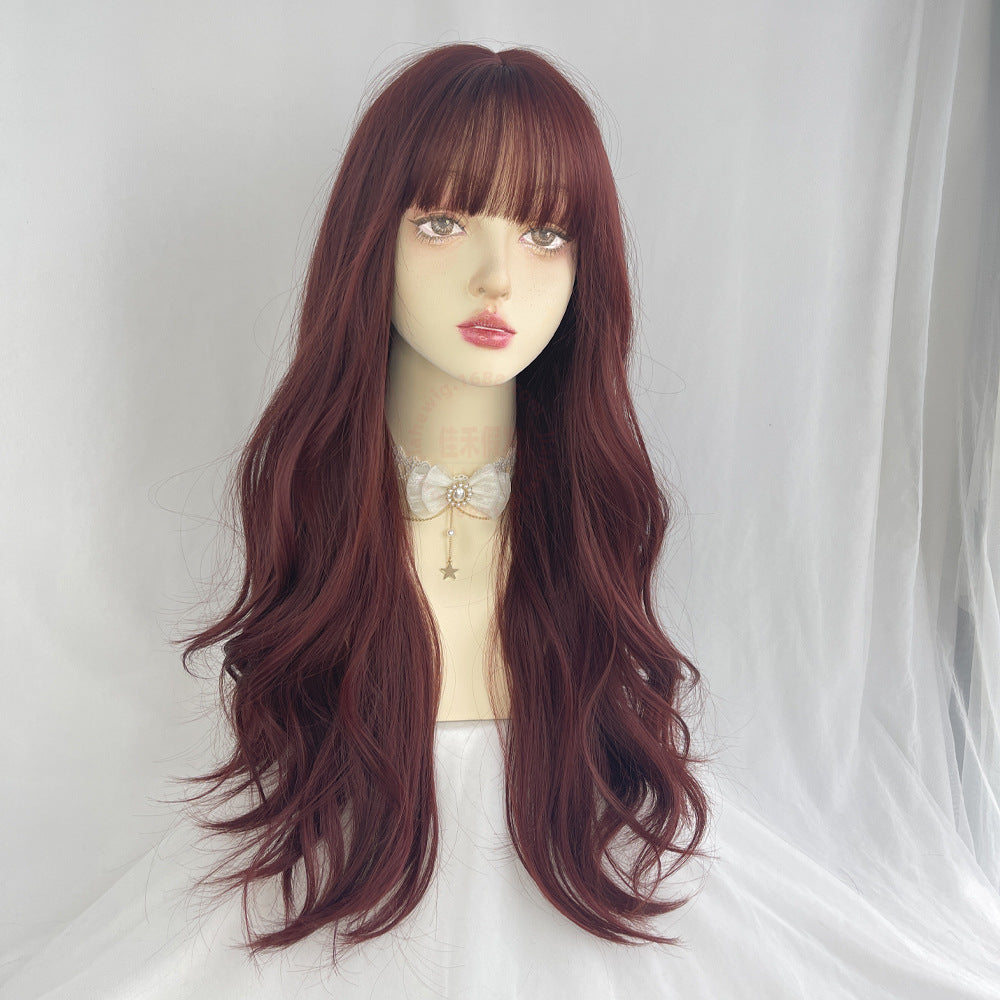 Waves Roll Korean Style Air Bangs Full-head Wig Wine Red Color Long Curly Hair Fluffy Whole Wig