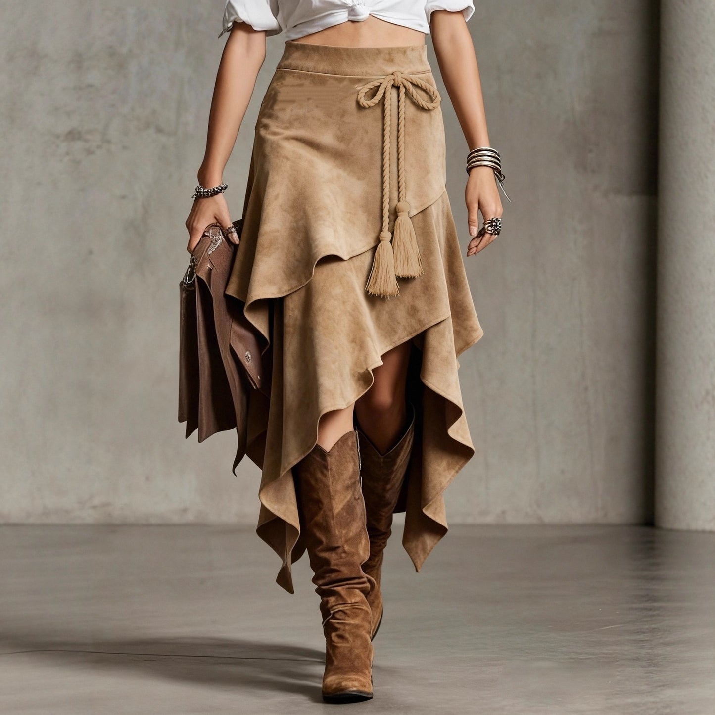 Irregularly Tied Cord Tassel Suede Skirt