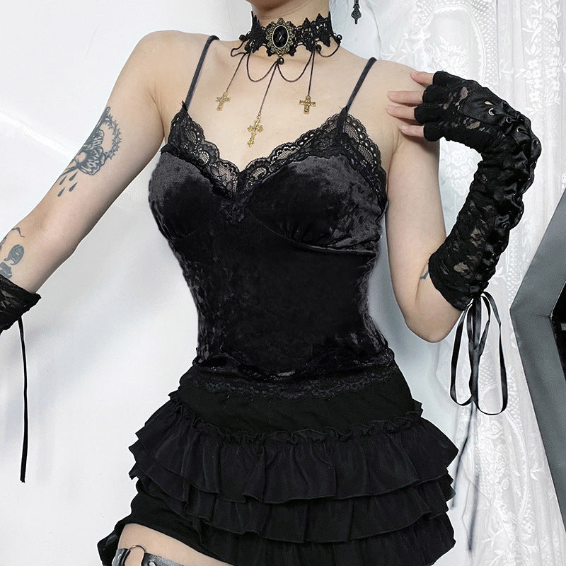 Women's Dark Style Velvet Lace Autumn Hot Girl Patchwork Top Vest