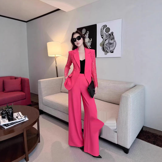 Spring Solid Color Lace Patchwork Suit Set