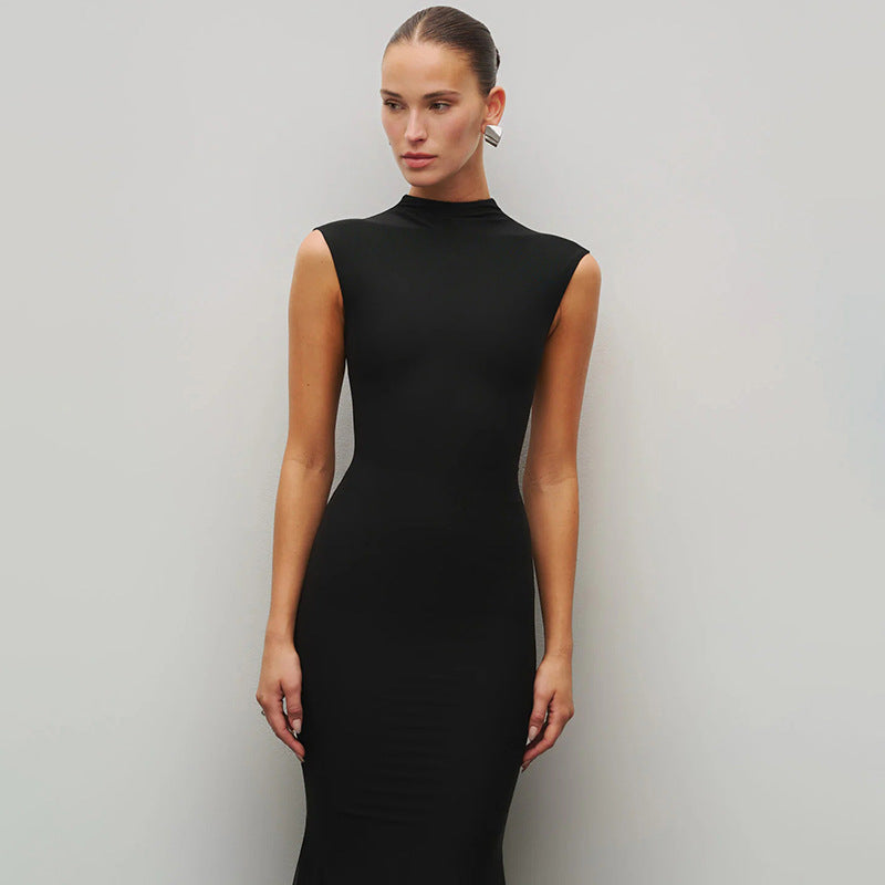 Solid Colored Casual Elegant Stand Neck Sleeveless Bodycon Mermaid Long Dress