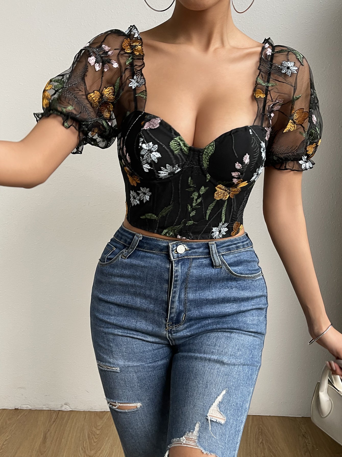 Net Yarn Flowers Embroidered Breasted Puff Sleeve Fishbone Short INS Top