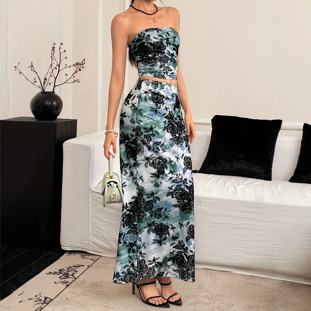 Sleeveless Printed Skirt Set Fashionable And Elegant Two-Piece Womens Outfit