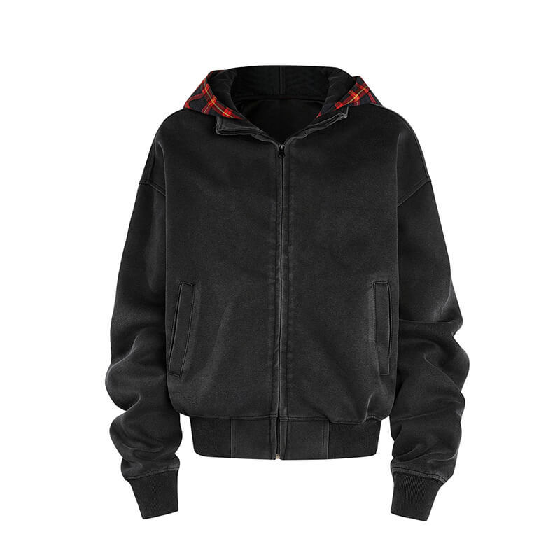 Plaid Patchwork Hoodie Men's Short Cleanfit Coat