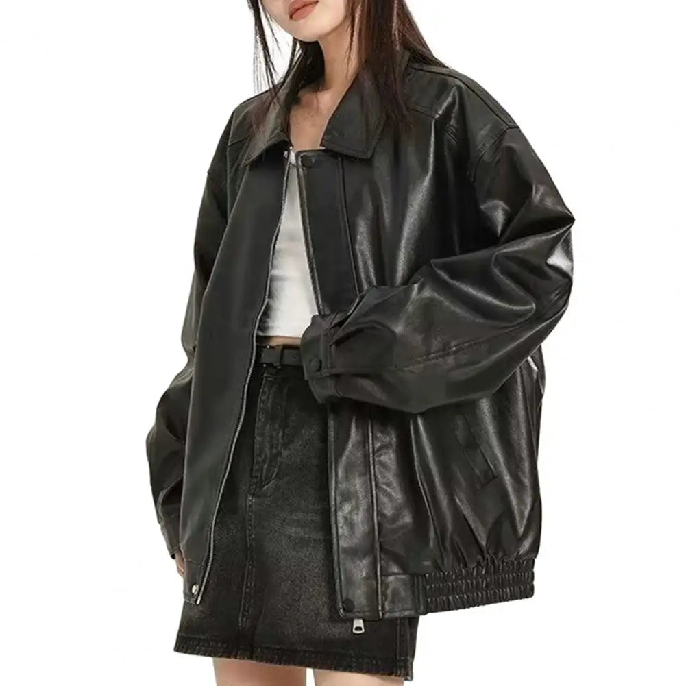 Women Jacket with Pocket Women Faux Leather Jacket Vintage American Style Women'S Faux Leather Jacket Loose Fit Zipper Pocket