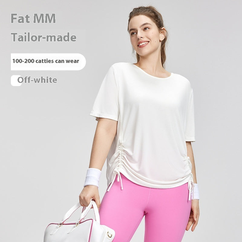 Plus Size Short-sleeved T-shirt Women's Adjustable Drawstring Sports Blouse