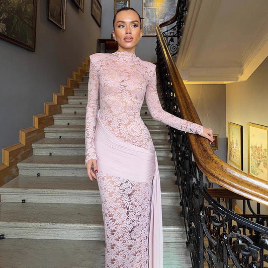 Womens Lace See-Through Long-Sleeve Dress With Ribbons